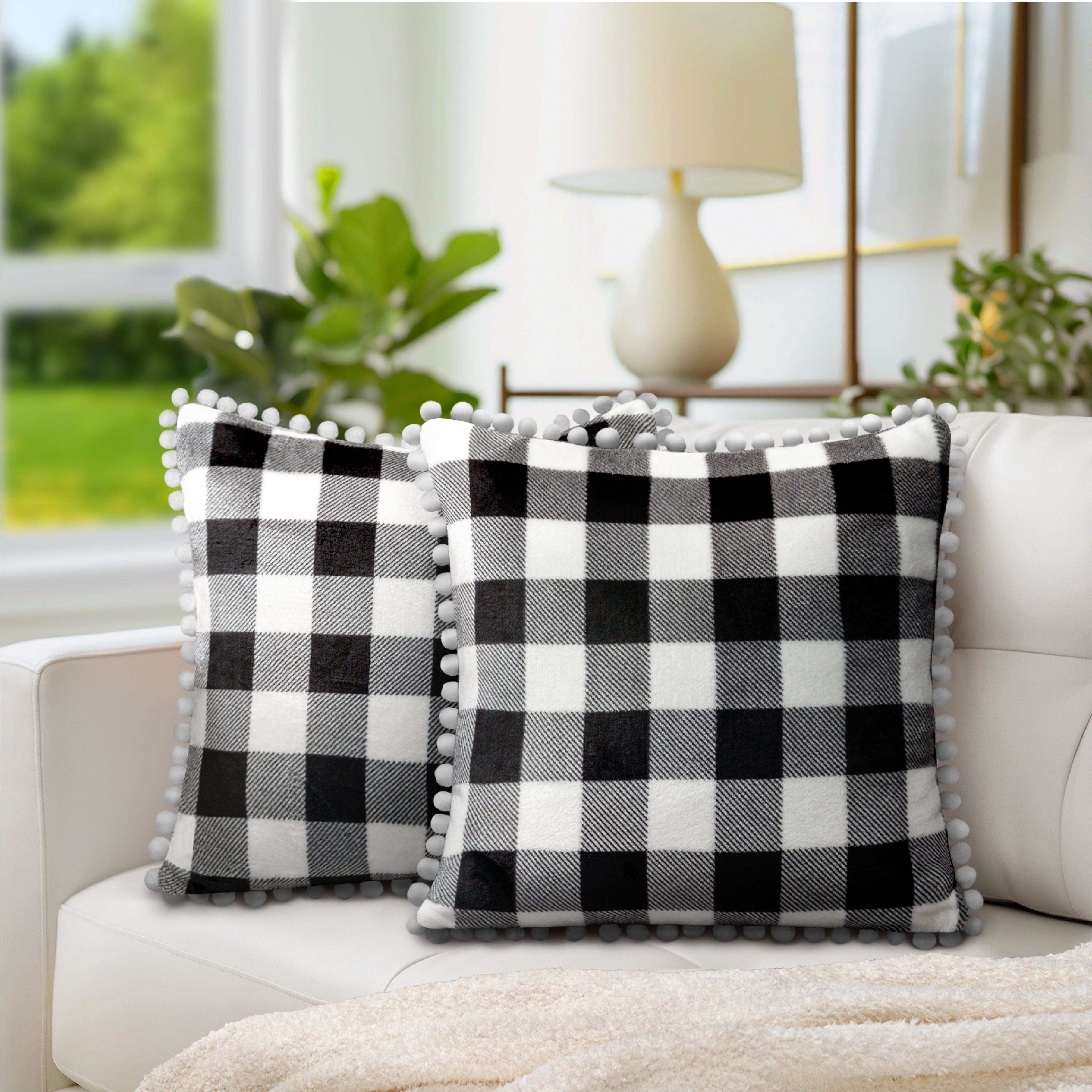 Throw Pillow Covers Set of 2 Sofa Decor POM POM Cushion Case 2 Sizes with Zipper