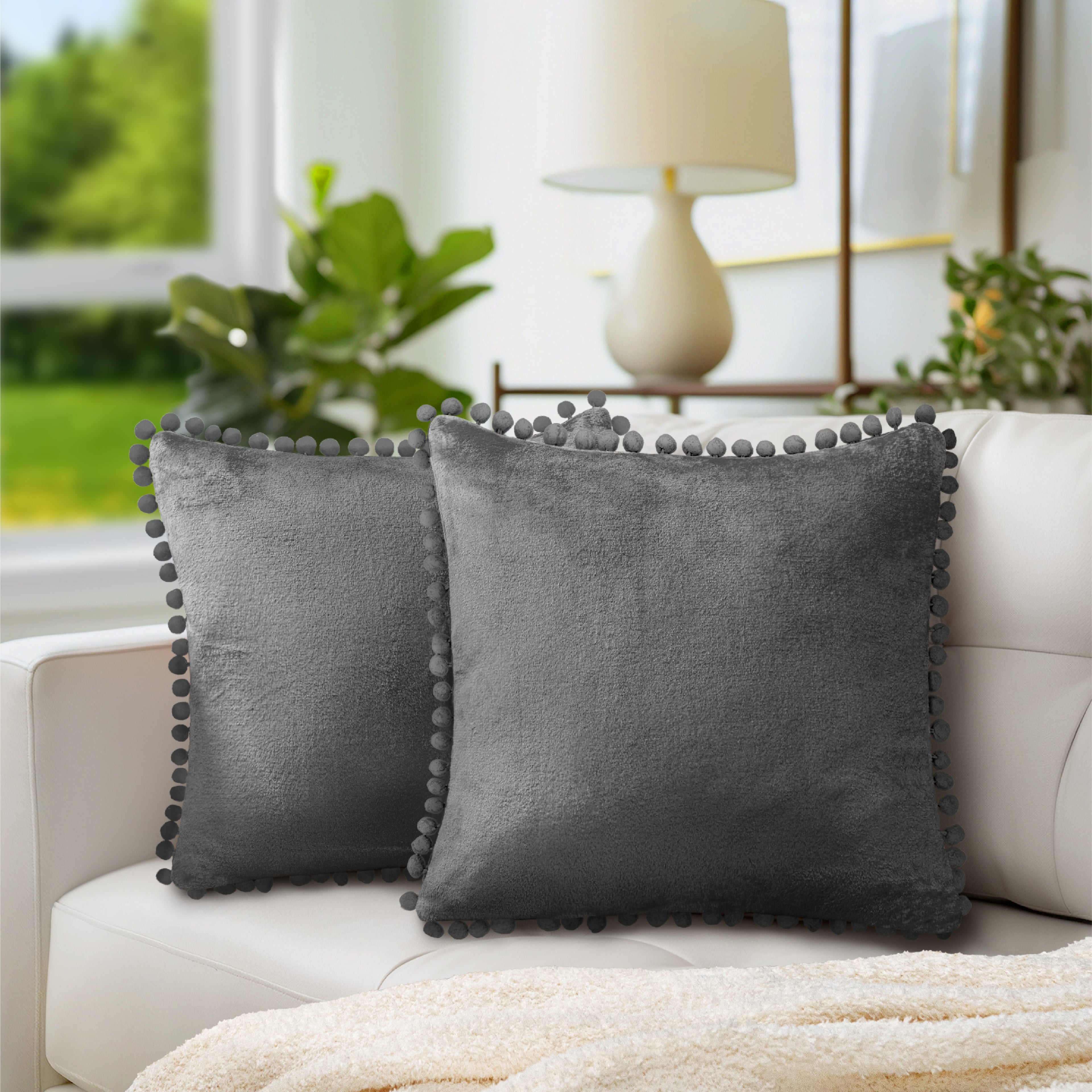 Throw Pillow Covers Set of 2 Sofa Decor POM POM Cushion Case 2 Sizes with Zipper