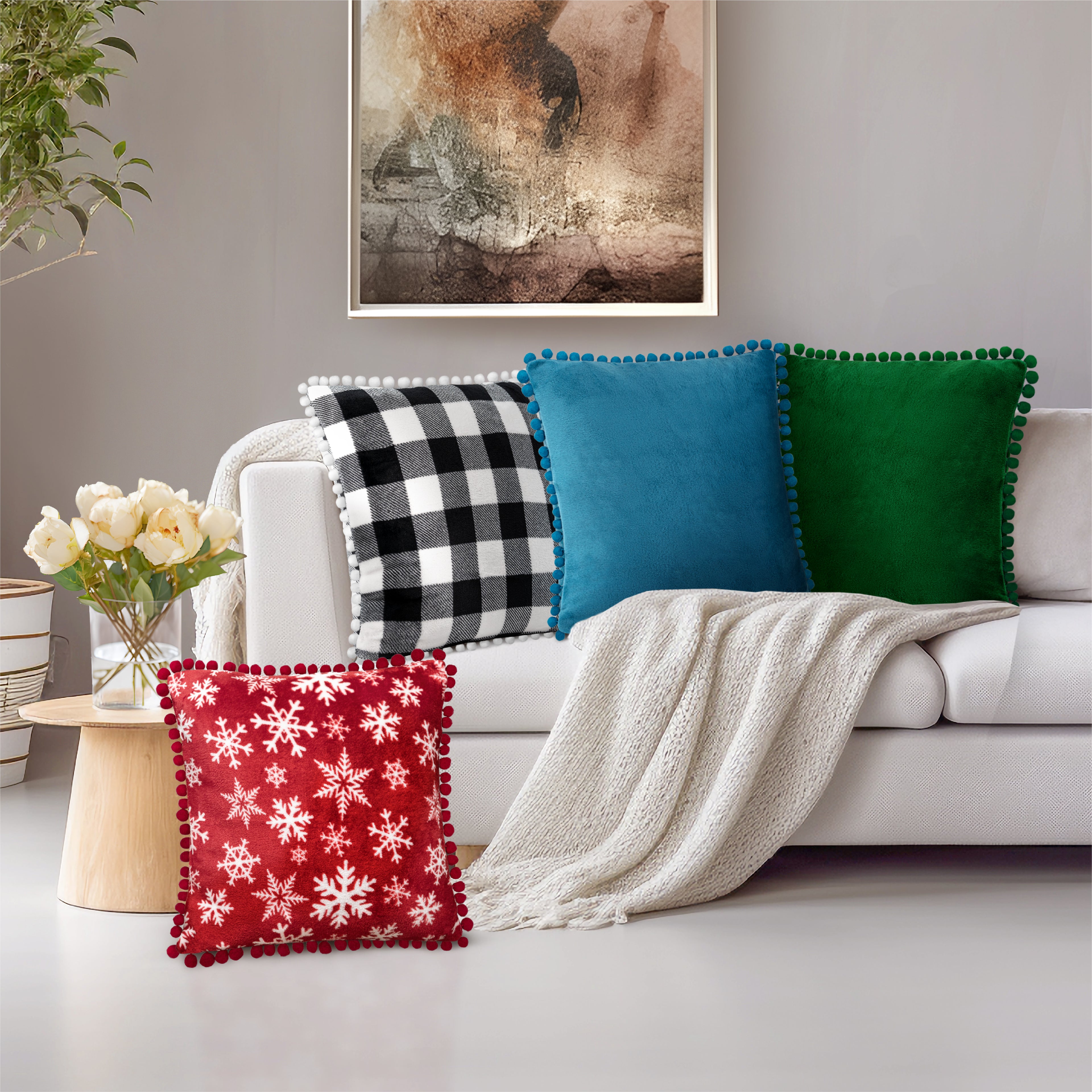 Throw Pillow Covers Set of 2 Sofa Decor POM POM Cushion Case 2 Sizes with Zipper