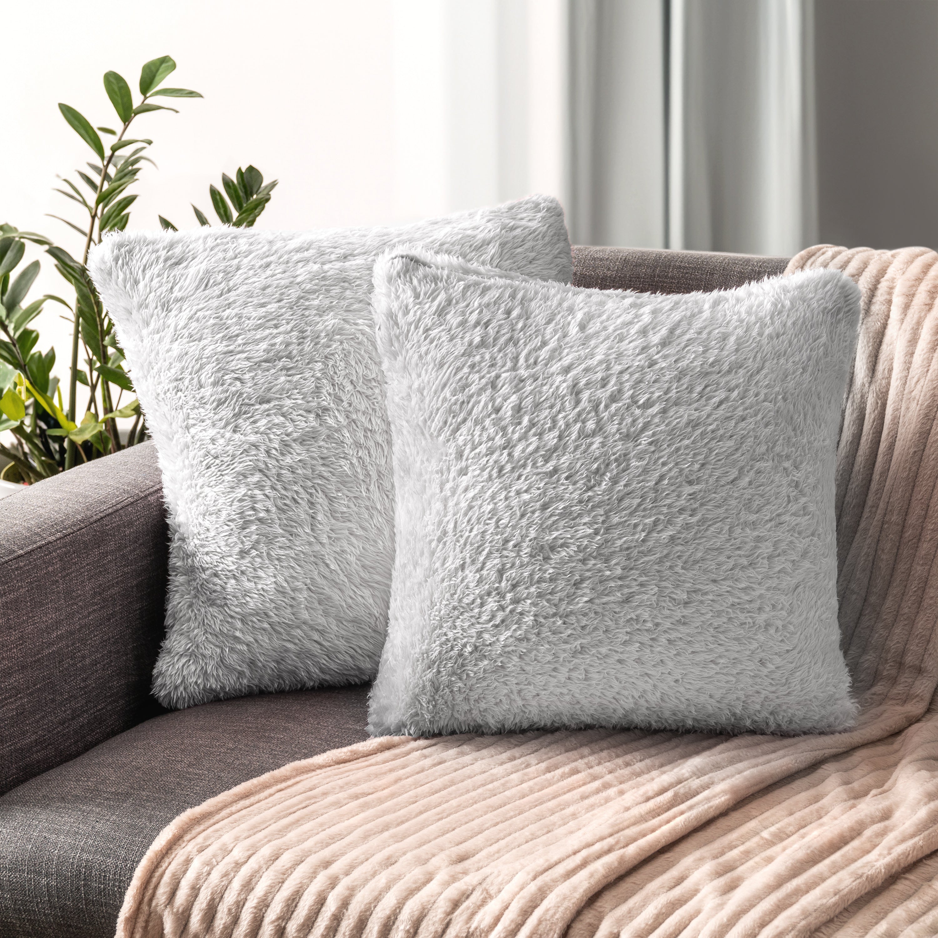 Throw Pillow Covers Set of 2 Sofa Decor Fuzzy Cushion Cases 2 Sizes with Zipper