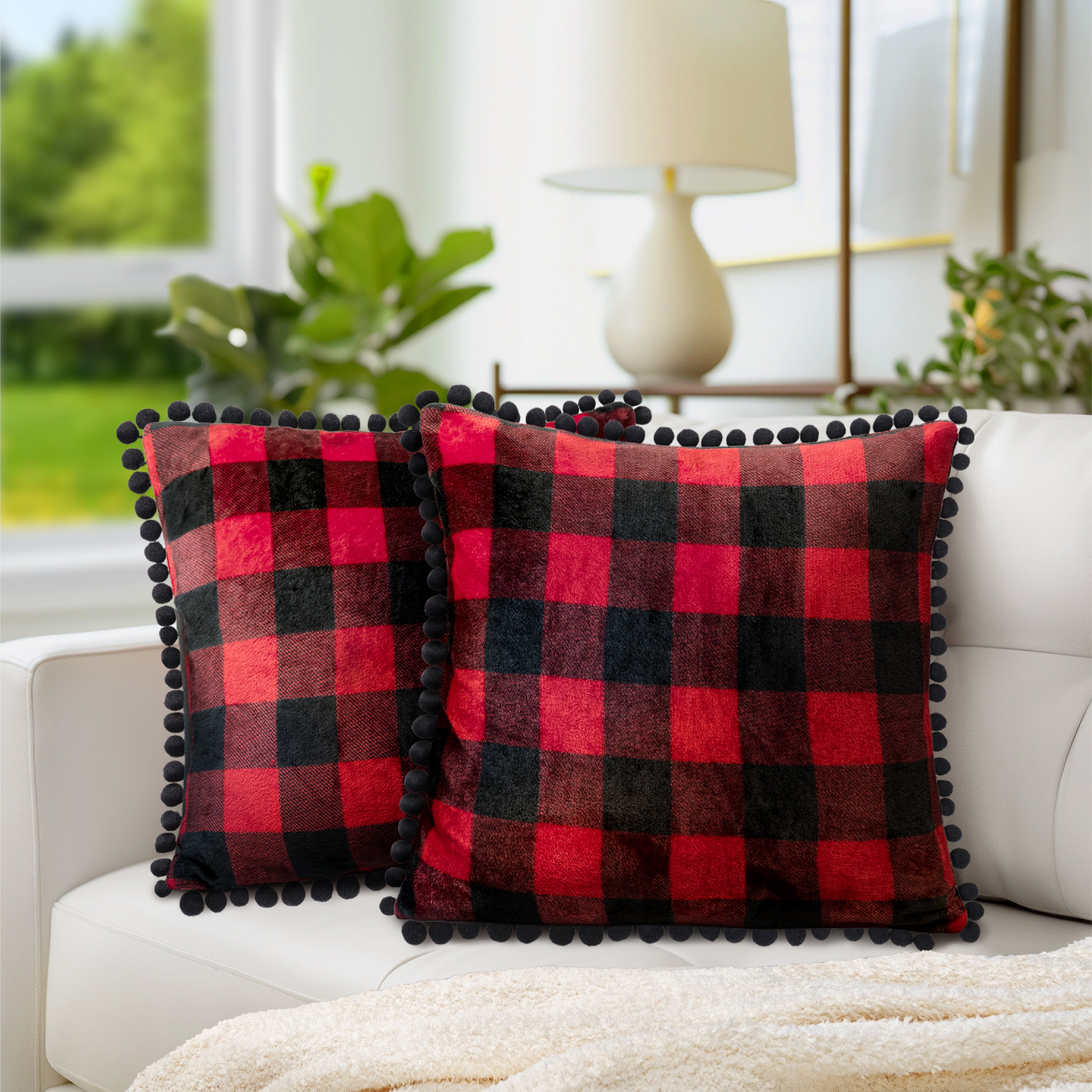 Throw Pillow Covers Set of 2 Sofa Decor POM POM Cushion Case 2 Sizes with Zipper