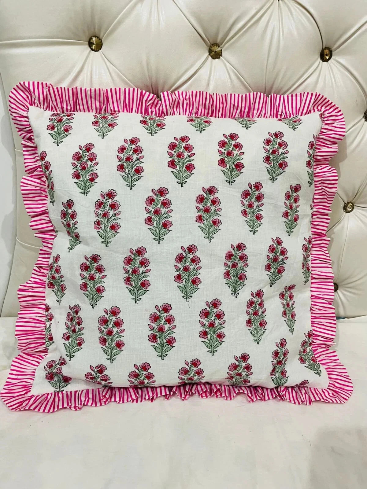 Indian Ruffle Throw Pillow Cover For Couch20x20 Inch Cotton Floral Cushion Cover