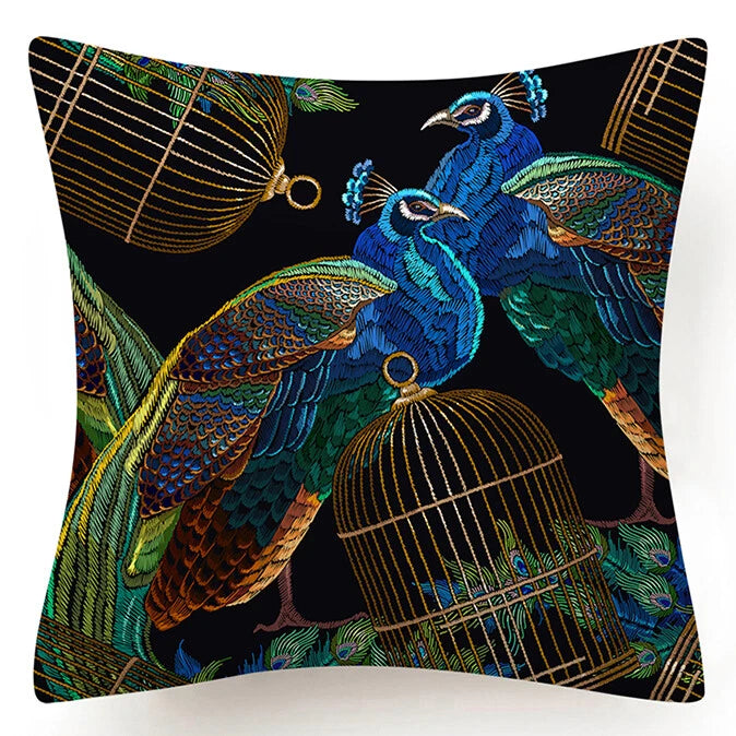 PILLOW COVER Blue Black Peacock Flower Double Sided Sofa Bed Cushion Case 18x18"