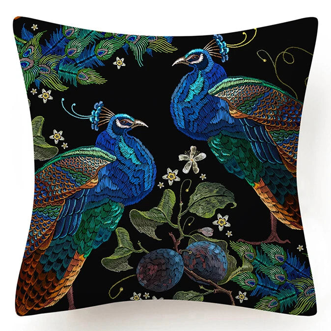 PILLOW COVER Blue Black Peacock Flower Double Sided Sofa Bed Cushion Case 18x18"