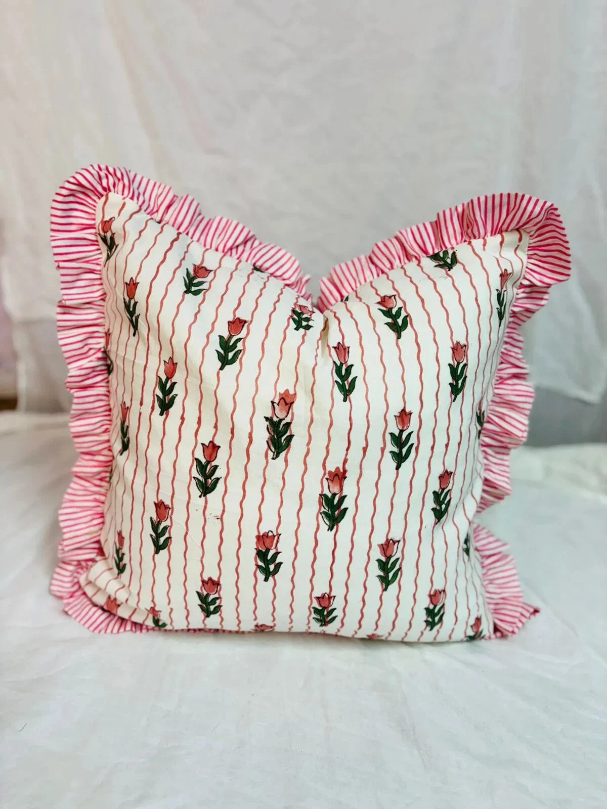 Indian Ruffle Throw Pillow Cover For Couch20x20 Inch Cotton Floral Cushion Cover