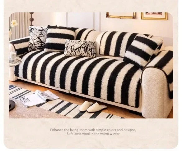 1PC Plush Sofa Mat Cover Lamb Wool Sofa Cushion White Stripes Couch Slipcover