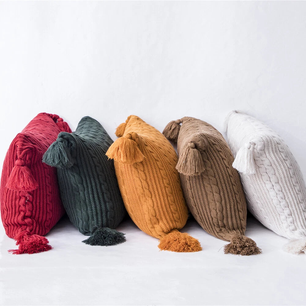Tassel Cushion Cover Knitted Thread Sofa Throw Waist Pillowcase Home Bed Decor