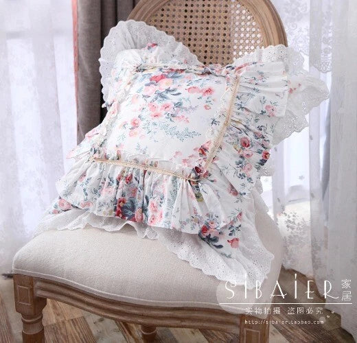 Flower Pattern Square CushionCover for LivingRoom, Flouncing LaceDeco Pillowcase