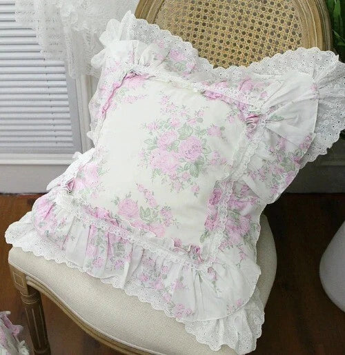 Flower Pattern Square CushionCover for LivingRoom, Flouncing LaceDeco Pillowcase