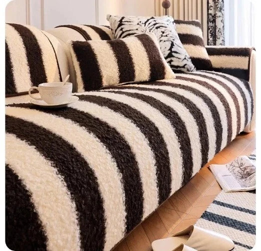 1PC Plush Sofa Mat Cover Lamb Wool Sofa Cushion White Stripes Couch Slipcover
