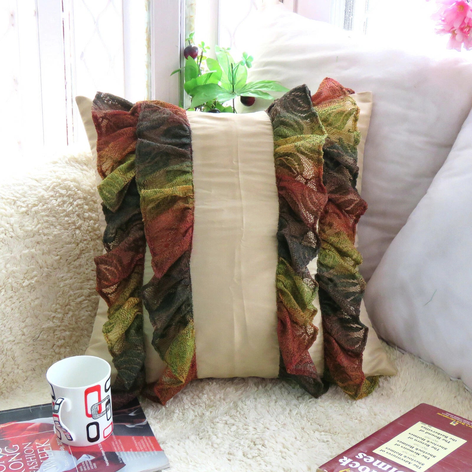 Cushion Cover Throw Pillow Cases Polydupion Beige Ruffle Lace Floral Sofa Bed