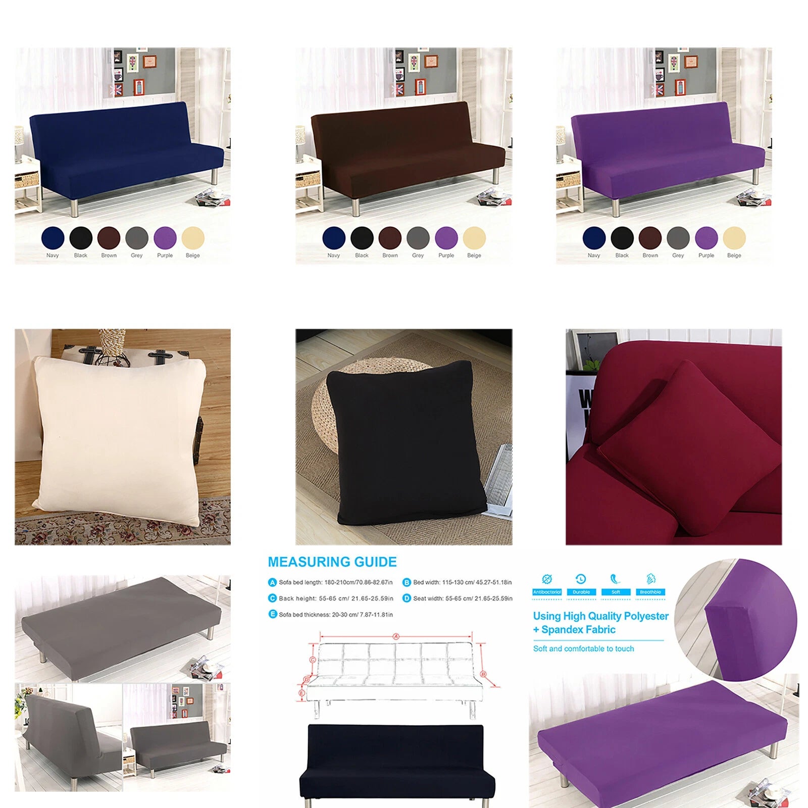 Armless Sofa Bed Cover Stretch Slipcover Solid Protector Spandex Plush Trim