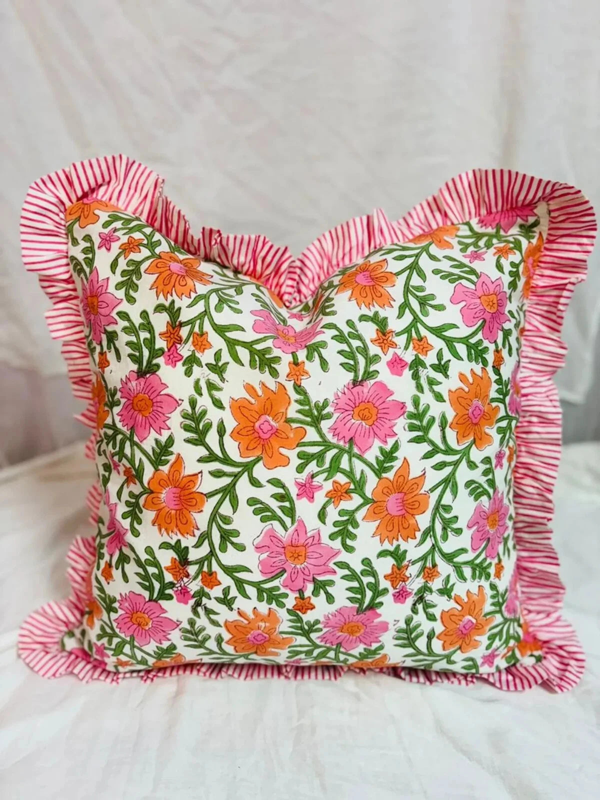 Indian Ruffle Throw Pillow Cover For Couch20x20 Inch Cotton Floral Cushion Cover