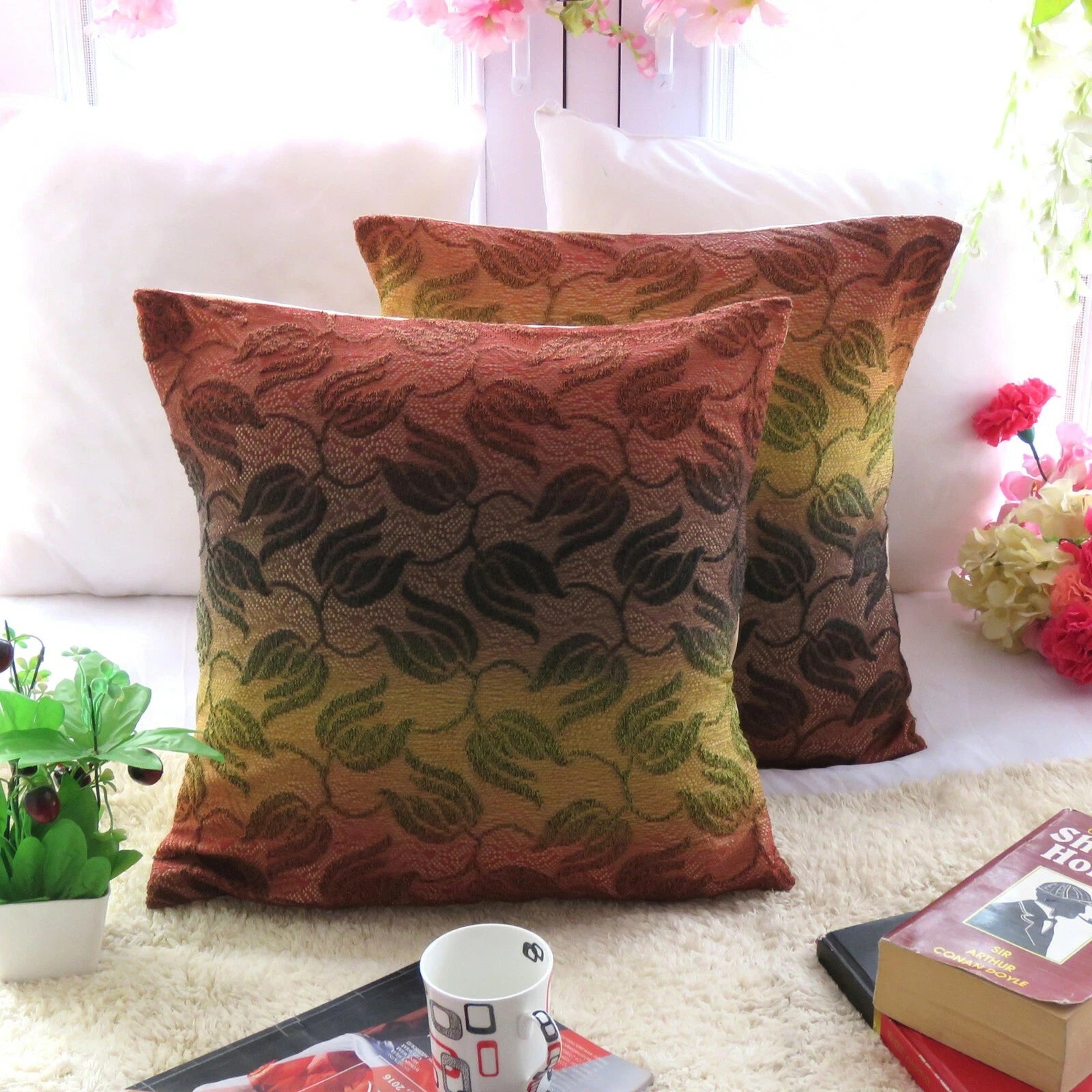 Leaf Floral Brown Cushion Cover Polydupion Bed Sofa Waist Back Pillow Case Home