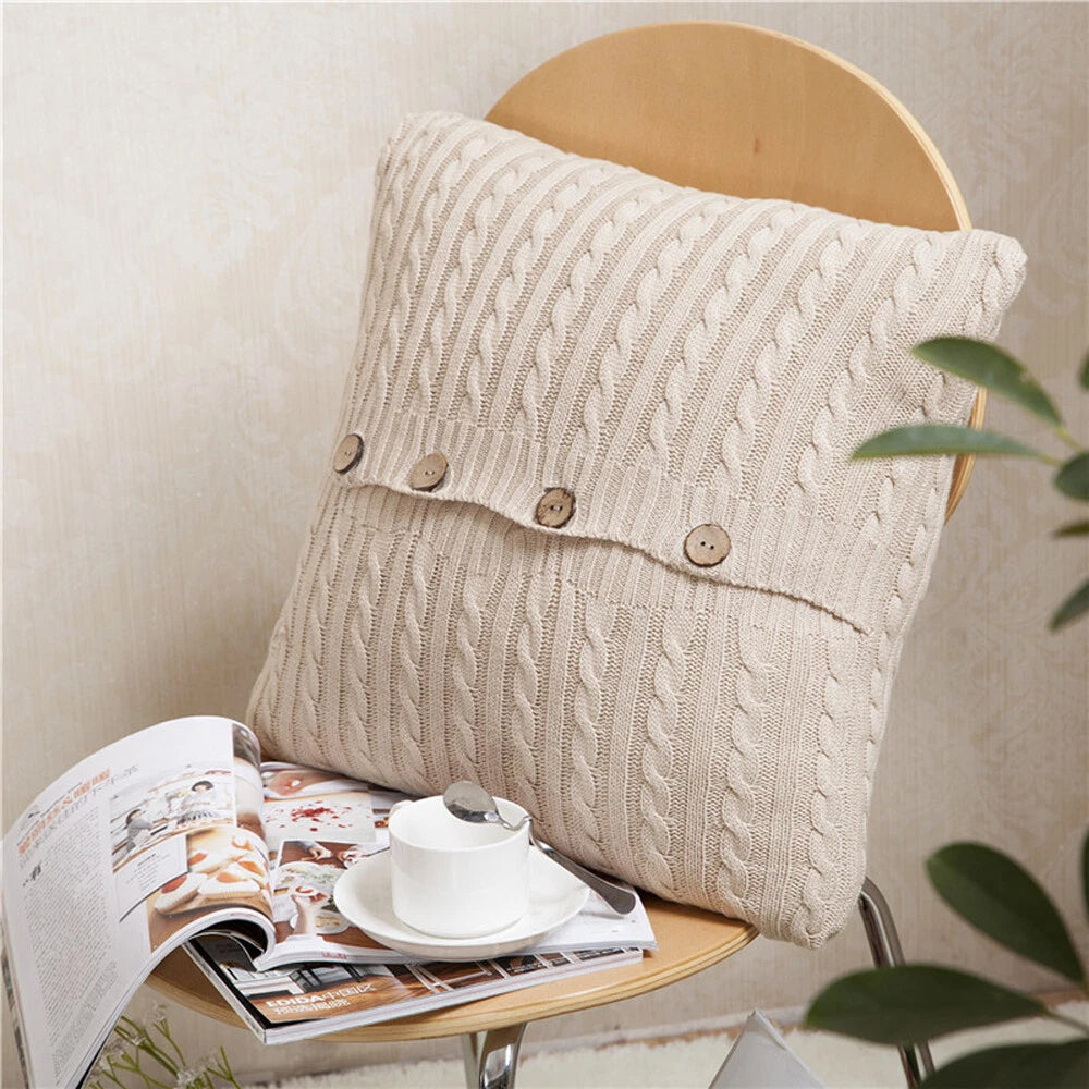 Square Knitted Pillow Case Throw Waist Sofa Bed Cushion Cover Buttons Home Decor