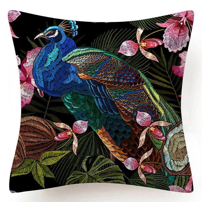 PILLOW COVER Blue Black Peacock Flower Double Sided Sofa Bed Cushion Case 18x18"