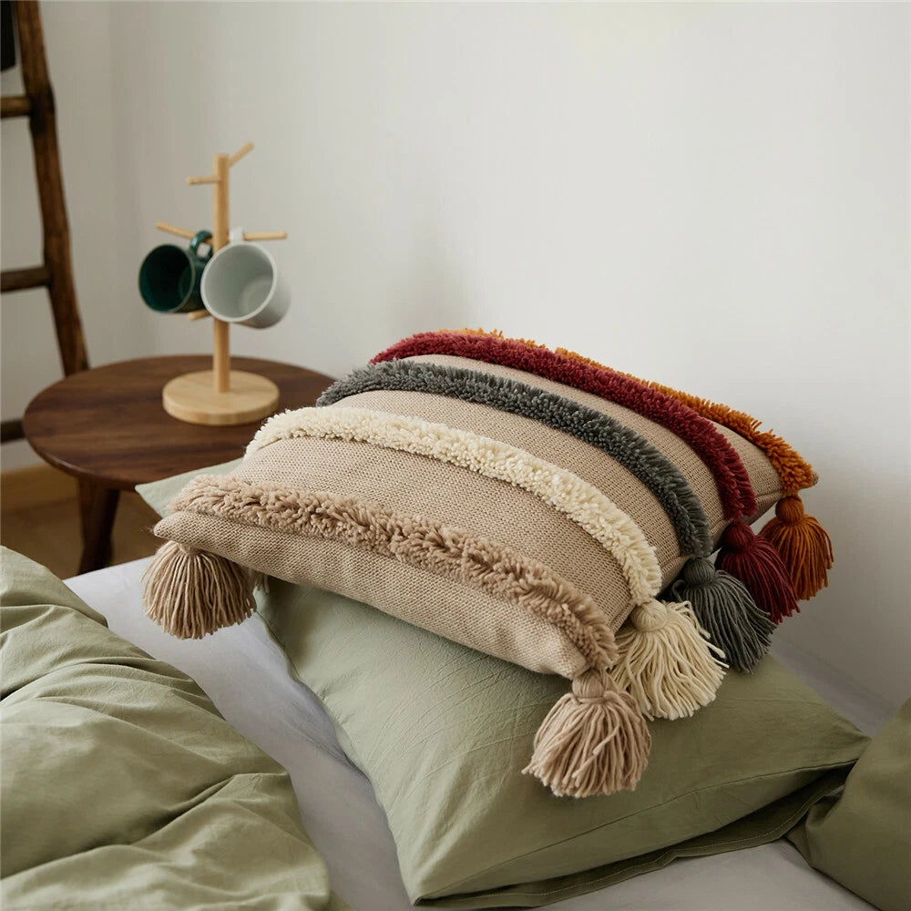 Knitted Pillowcase Throw Waist Cushion Cover Tassel Pillow Case Sofa Bed 45*45cm
