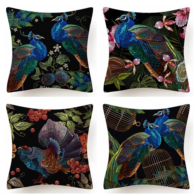 PILLOW COVER Blue Black Peacock Flower Double Sided Sofa Bed Cushion Case 18x18"
