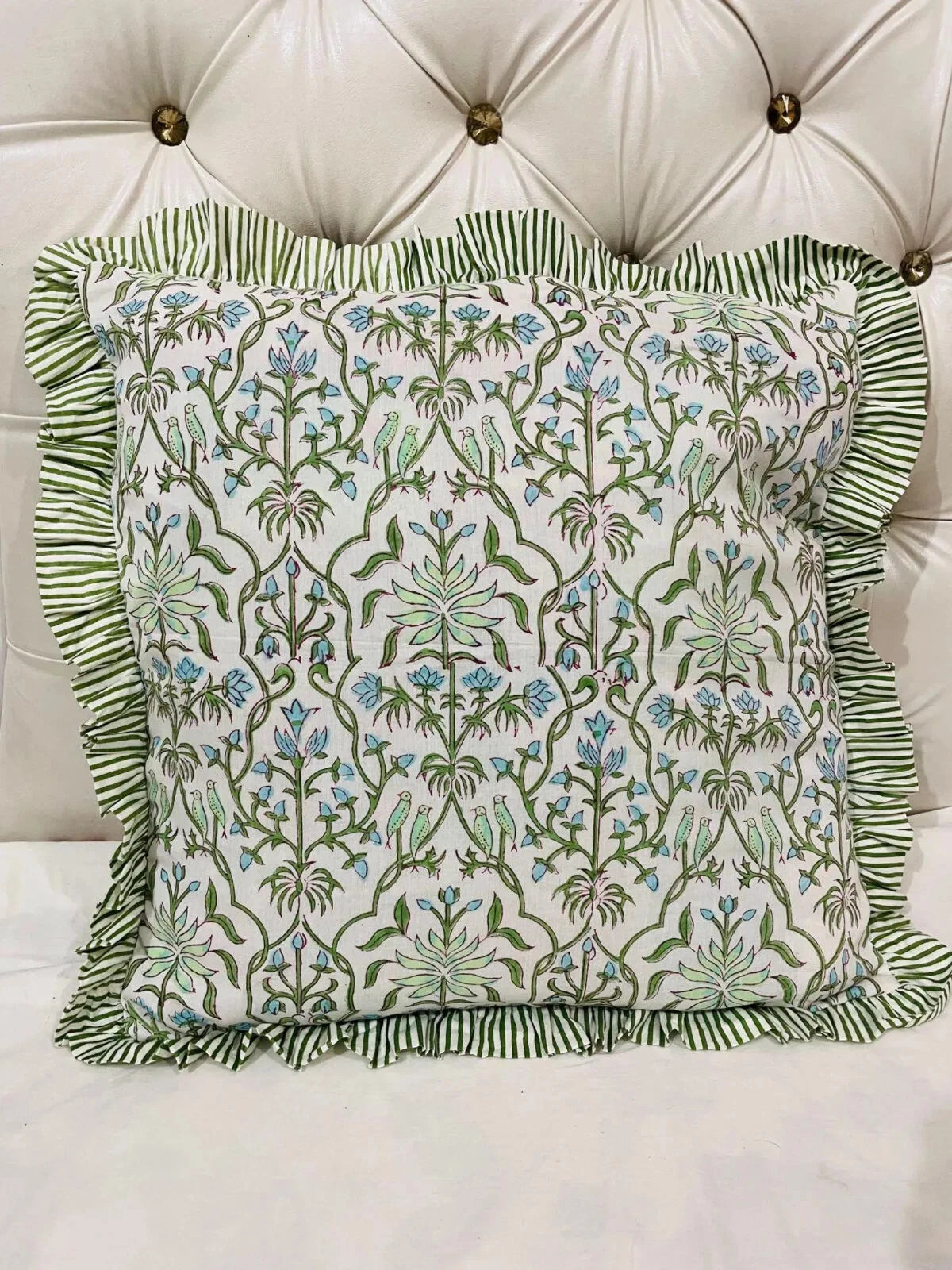 Indian Ruffle Throw Pillow Cover For Couch20x20 Inch Cotton Floral Cushion Cover