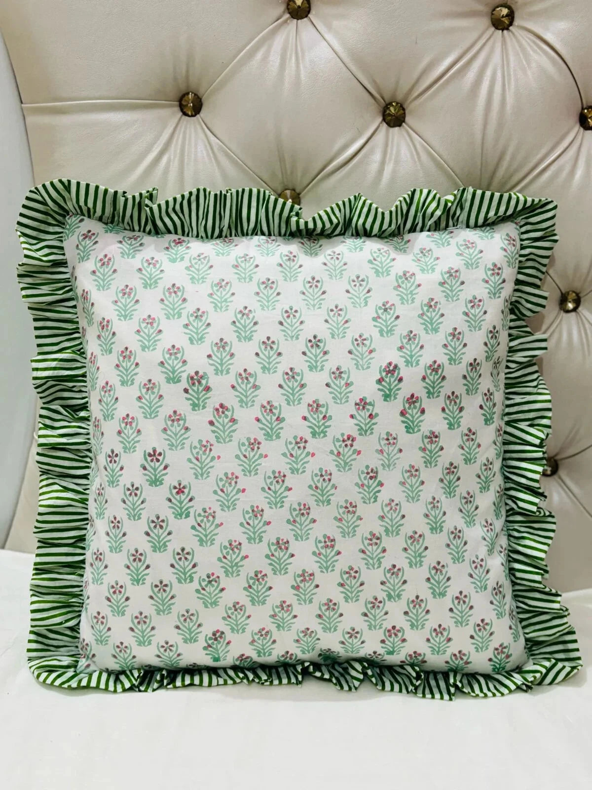 Indian Ruffle Throw Pillow Cover For Couch20x20 Inch Cotton Floral Cushion Cover