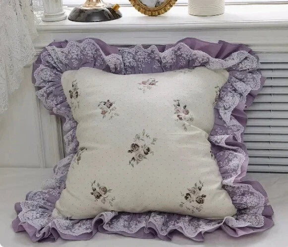 Flower Pattern Square CushionCover for LivingRoom, Flouncing LaceDeco Pillowcase