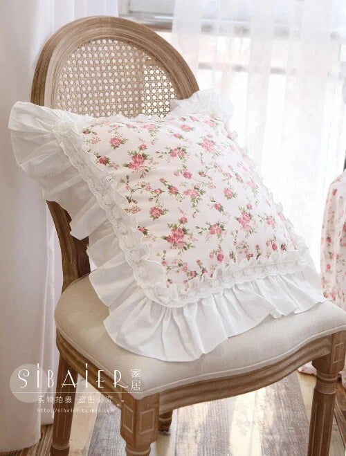 Flower Pattern Square CushionCover for LivingRoom, Flouncing LaceDeco Pillowcase