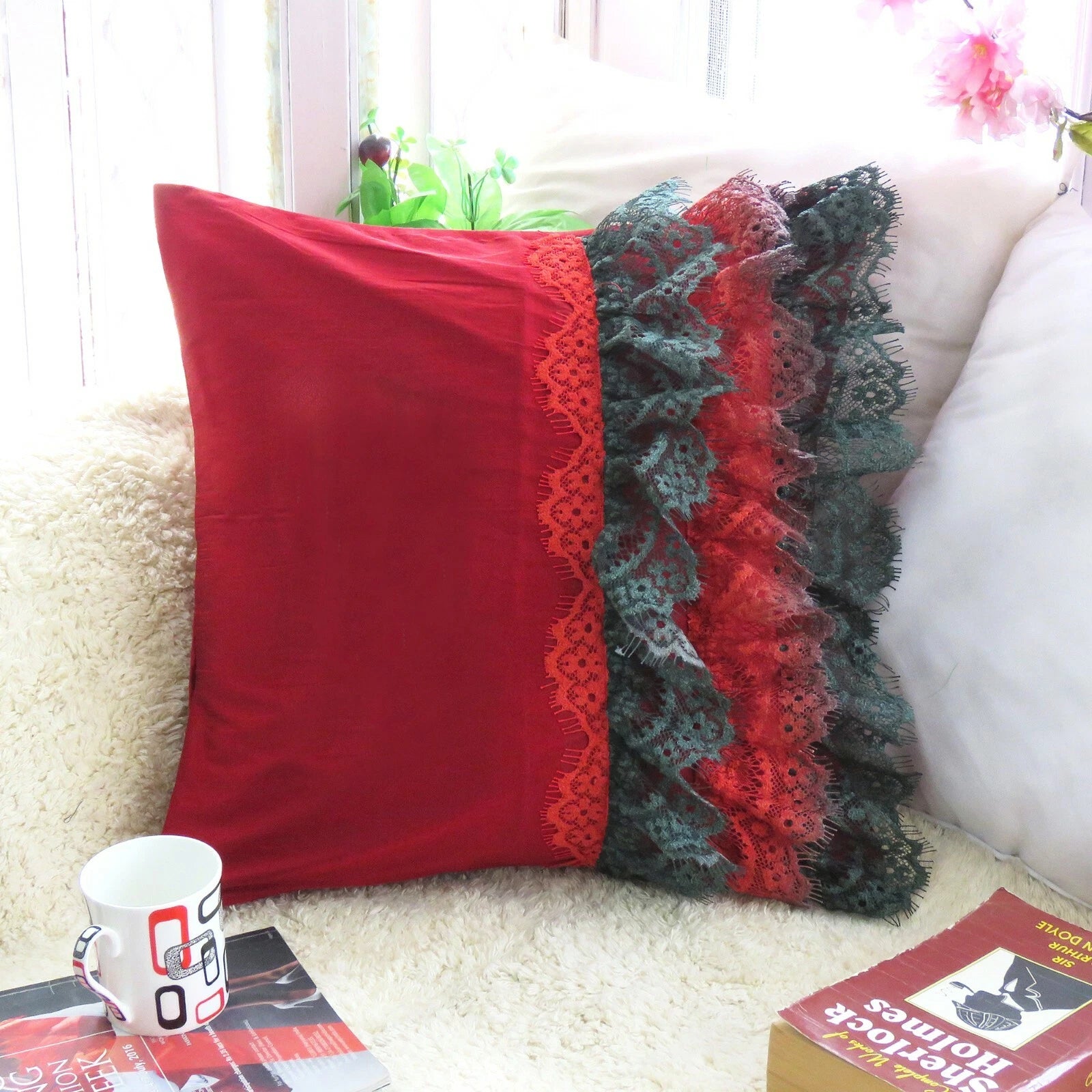 Cushion Cover Throw Pillow Cases Ruffle Lace Soft Red Sofa Chair Bed Couch Cover