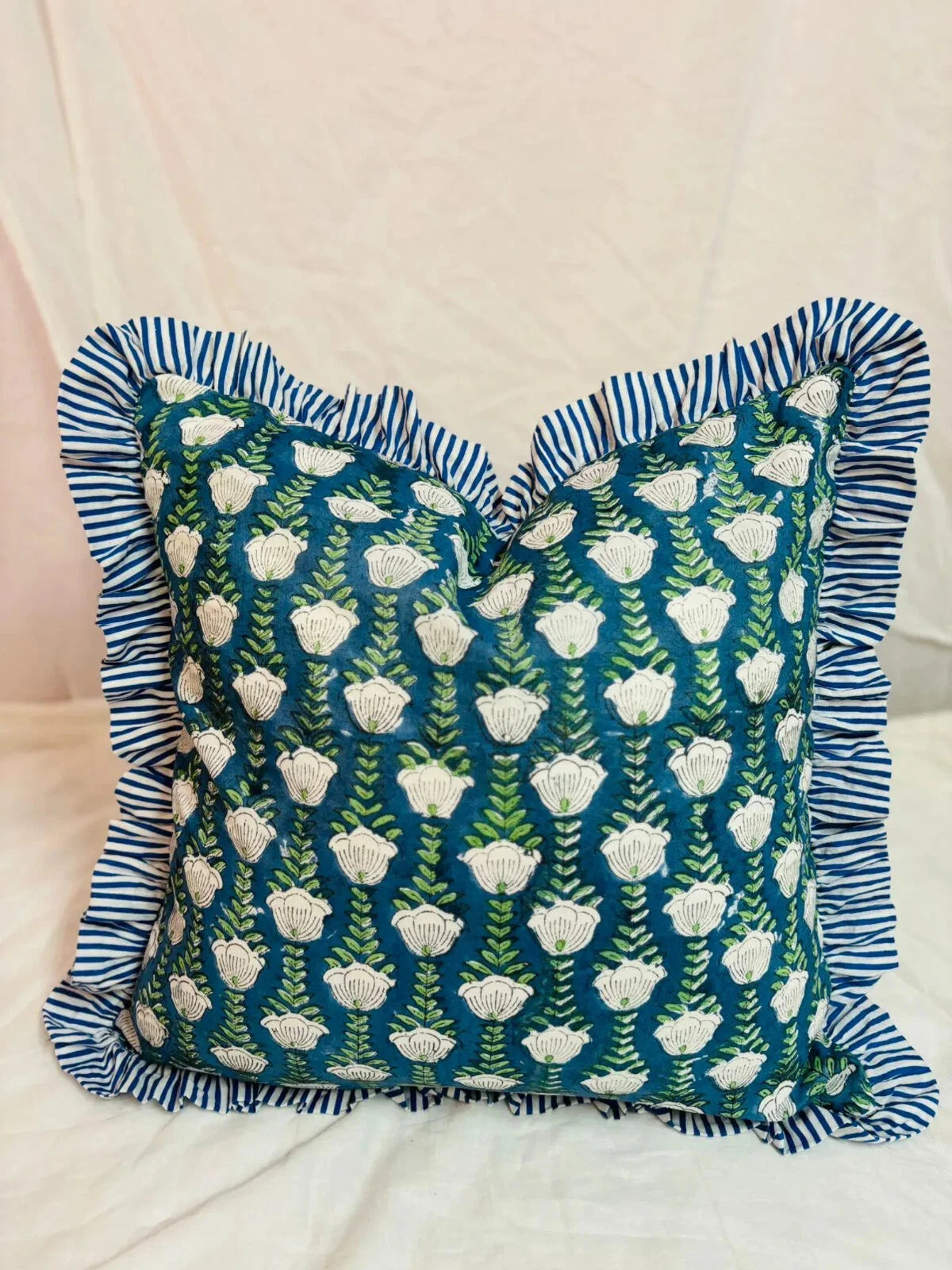 Indian Ruffle Throw Pillow Cover For Couch20x20 Inch Cotton Floral Cushion Cover