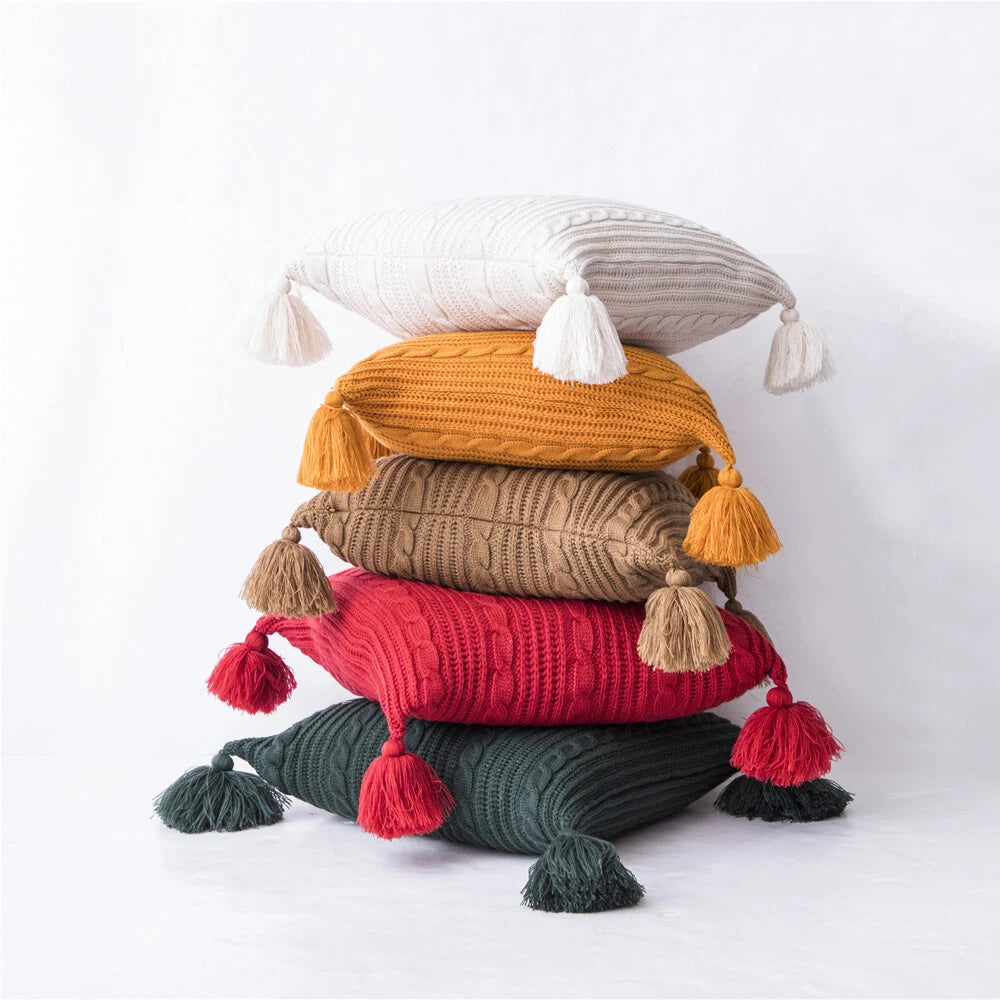 Knitted Pillow Case Tassel Pom Pom Waist Throw Sofa Bed Cushion Cover Pillows