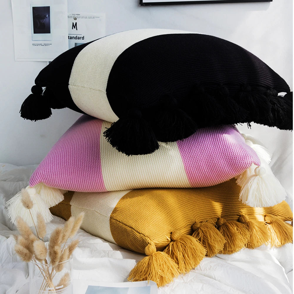 Pom Pom Tassel Cushion Waist Backrest Sofa Bed Pillow Case Office Home Car Decor