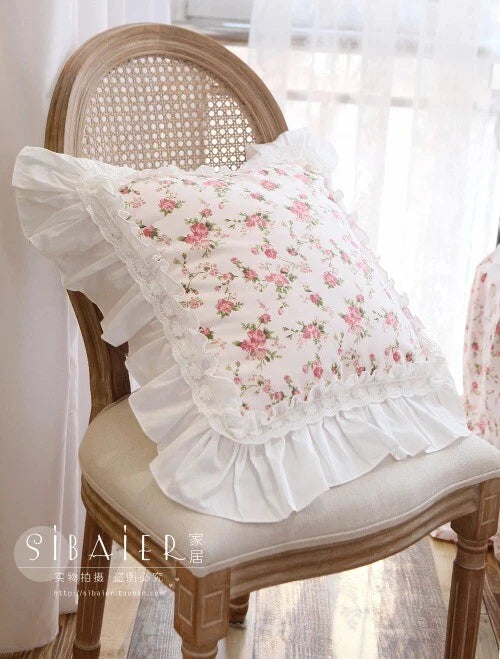 Flower Pattern Square CushionCover for LivingRoom, Flouncing LaceDeco Pillowcase