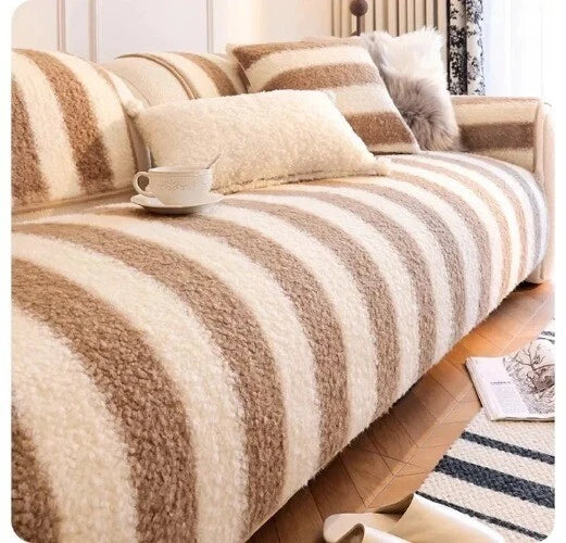 1PC Plush Sofa Mat Cover Lamb Wool Sofa Cushion White Stripes Couch Slipcover
