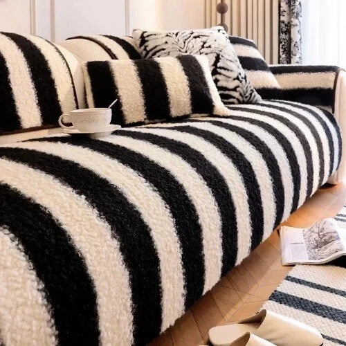 1PC Plush Sofa Mat Cover Lamb Wool Sofa Cushion White Stripes Couch Slipcover
