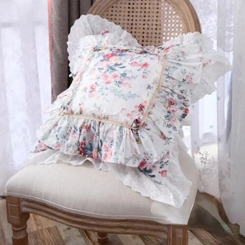 Flower Pattern Square CushionCover for LivingRoom, Flouncing LaceDeco Pillowcase