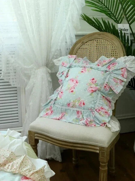 Flower Pattern Square CushionCover for LivingRoom, Flouncing LaceDeco Pillowcase