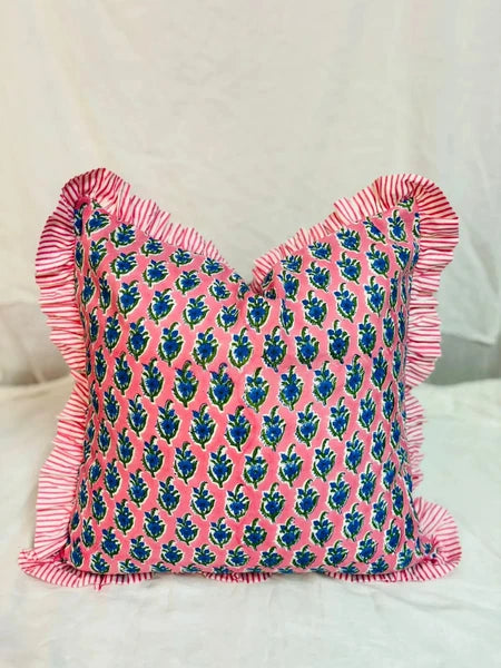 Indian Ruffle Throw Pillow Cover For Couch20x20 Inch Cotton Floral Cushion Cover