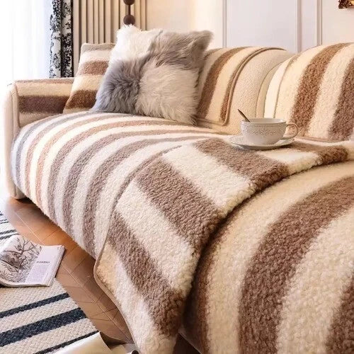 1PC Plush Sofa Mat Cover Lamb Wool Sofa Cushion White Stripes Couch Slipcover