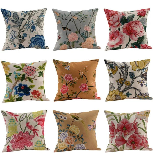 Flower Cushion Cover Cotton Linen Vintage Printing Throw Pillow Case Sofa Bed