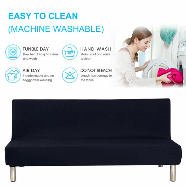 Armless Sofa Bed Cover Stretch Slipcover Solid Protector Spandex Plush Trim