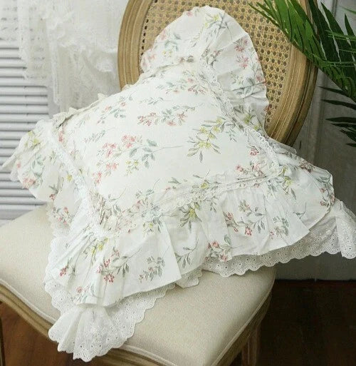 Flower Pattern Square CushionCover for LivingRoom, Flouncing LaceDeco Pillowcase