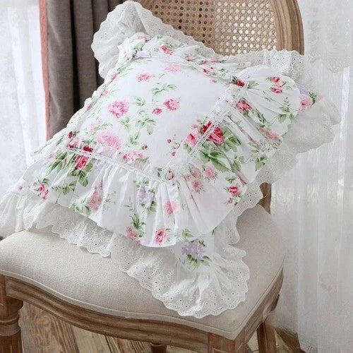 Flower Pattern Square CushionCover for LivingRoom, Flouncing LaceDeco Pillowcase