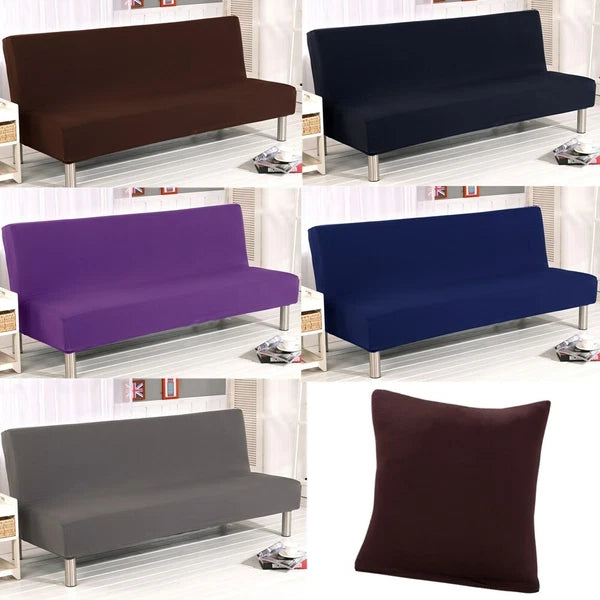 Armless Sofa Bed Cover Stretch Slipcover Solid Protector Spandex Plush Trim
