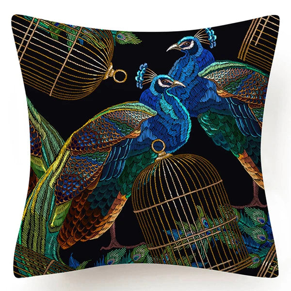 PILLOW COVER Blue Black Peacock Flower Double Sided Sofa Bed Cushion Case 18x18"