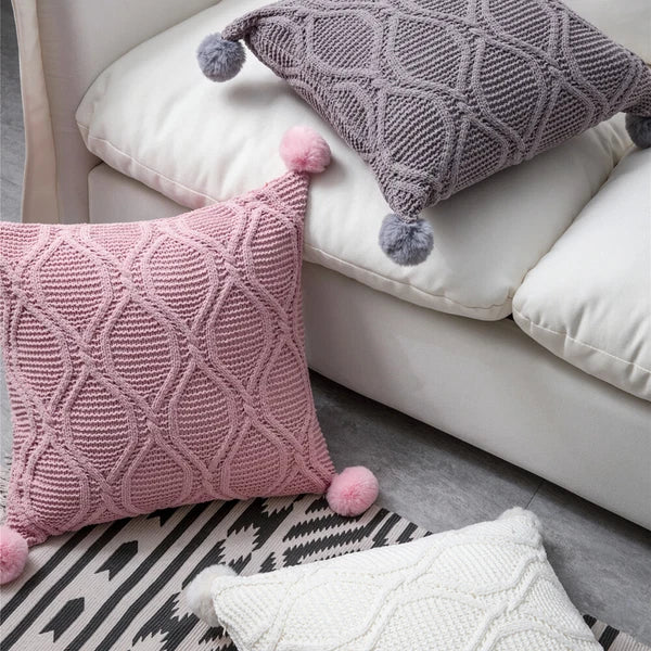 18" Knitted Pillow Case Sofa Bed Soft Pompom Ball Waist Throw Cushions Cover New