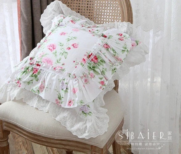 Flower Pattern Square CushionCover for LivingRoom, Flouncing LaceDeco Pillowcase