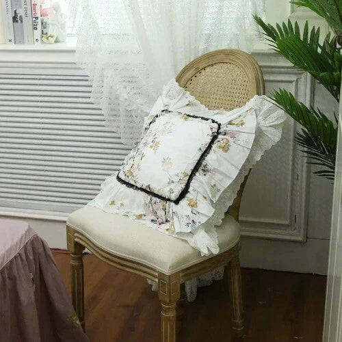 Flower Pattern Square CushionCover for LivingRoom, Flouncing LaceDeco Pillowcase