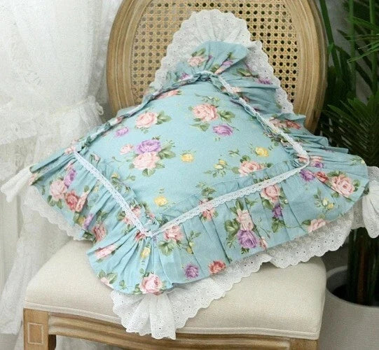 Flower Pattern Square CushionCover for LivingRoom, Flouncing LaceDeco Pillowcase
