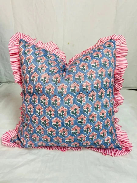 Indian Ruffle Throw Pillow Cover For Couch20x20 Inch Cotton Floral Cushion Cover