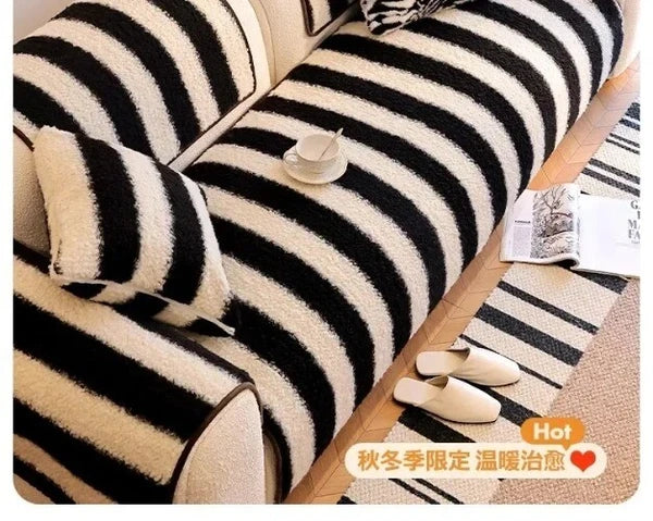 1PC Plush Sofa Mat Cover Lamb Wool Sofa Cushion White Stripes Couch Slipcover