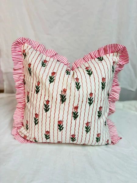 Indian Ruffle Throw Pillow Cover For Couch20x20 Inch Cotton Floral Cushion Cover